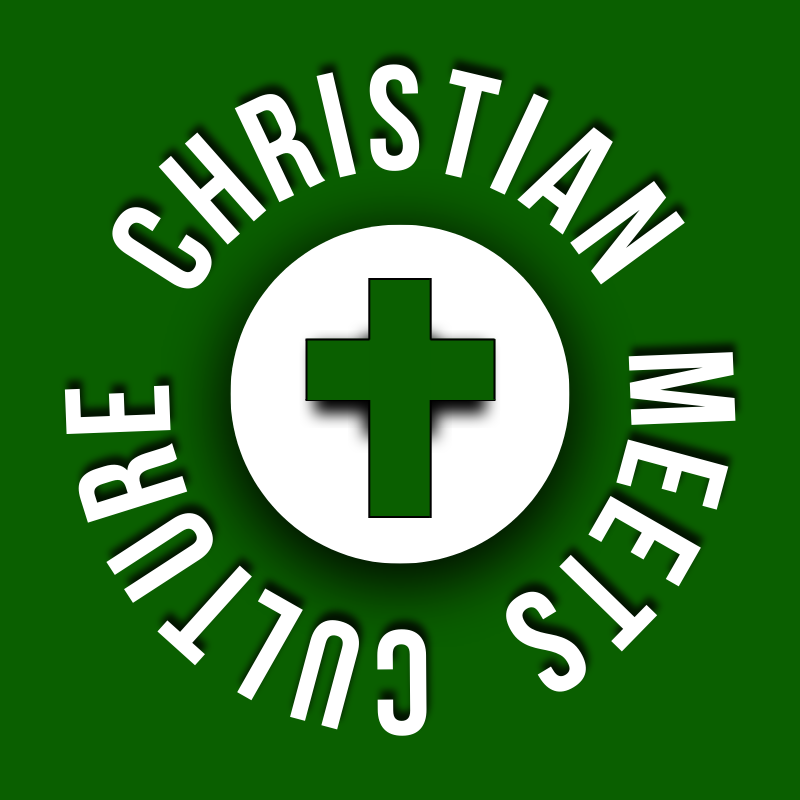 The logo of YouTube channel Christian Meets Culture. It features a dark green cross in the middle of a white circle. Around the circle in white text are the words "Christian Meets Culture."